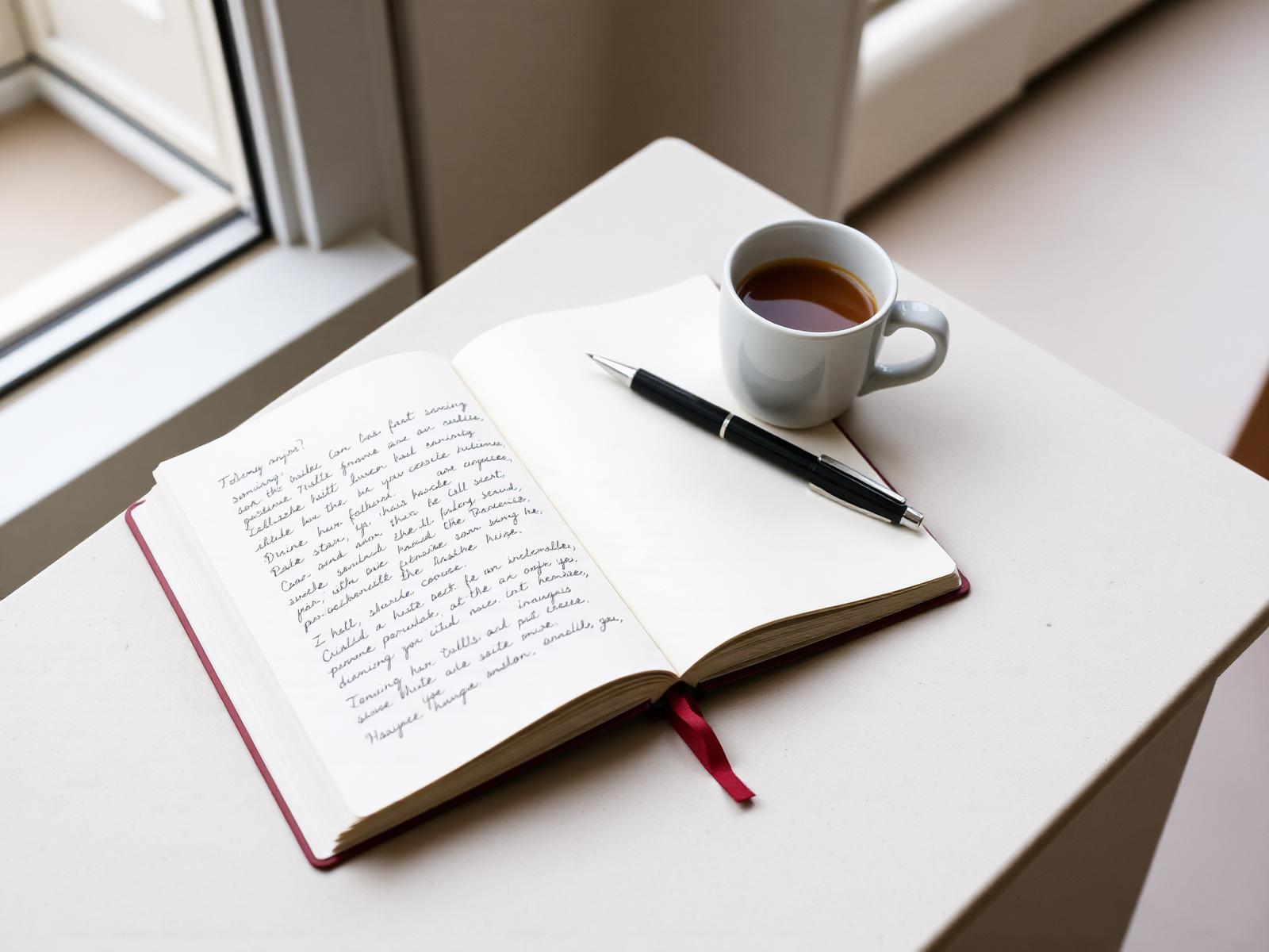 Carnet ouvert et tasse d'espresso, lumière naturelle