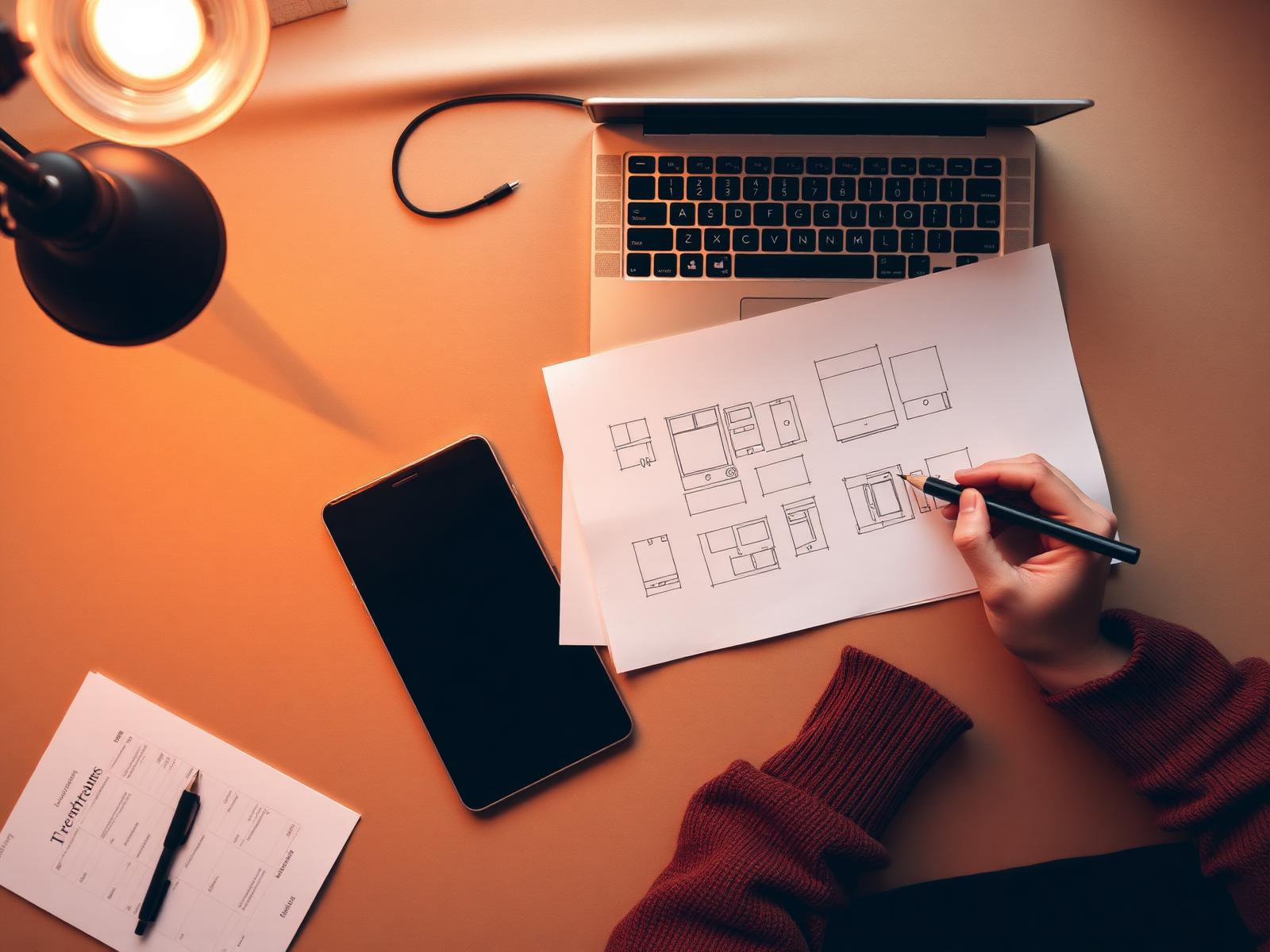 Esquisses et wireframes sur le bureau du studio